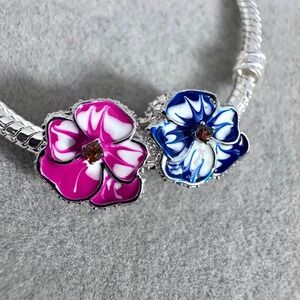 2Pcs Flower Charm Pink and Blue Enamel Rhinestone Bead Charm fits PANDORA